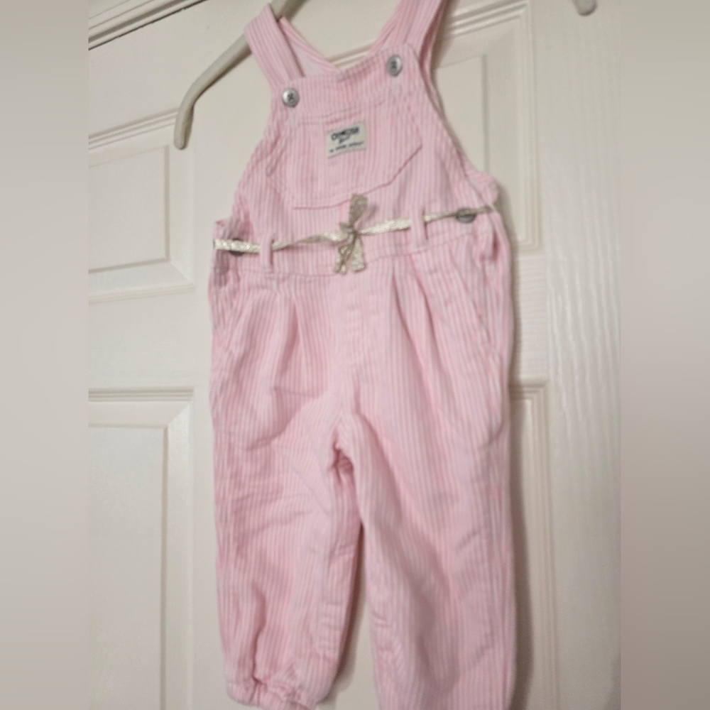 OshKosh B'Gosh Baby Girl Pink White Striped OverallGold String Accent Belt 18M